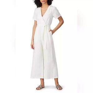 ANTHROPOLOGY GREYLIN White Jena Puff Sleeve Linen Cutout Jumpsuit Size Small
